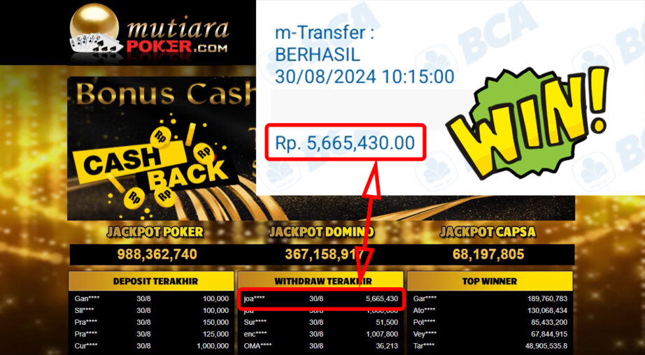 Bukti Withdraw ( 5,665,430,-) Member Setia Mutiarapoker