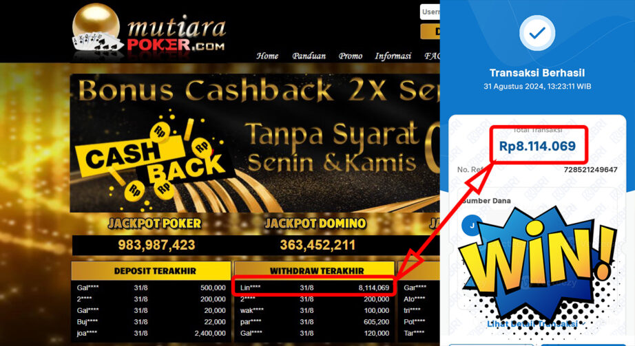 Bukti Withdraw ( 8,114,069,-) Member Setia Mutiarapoker