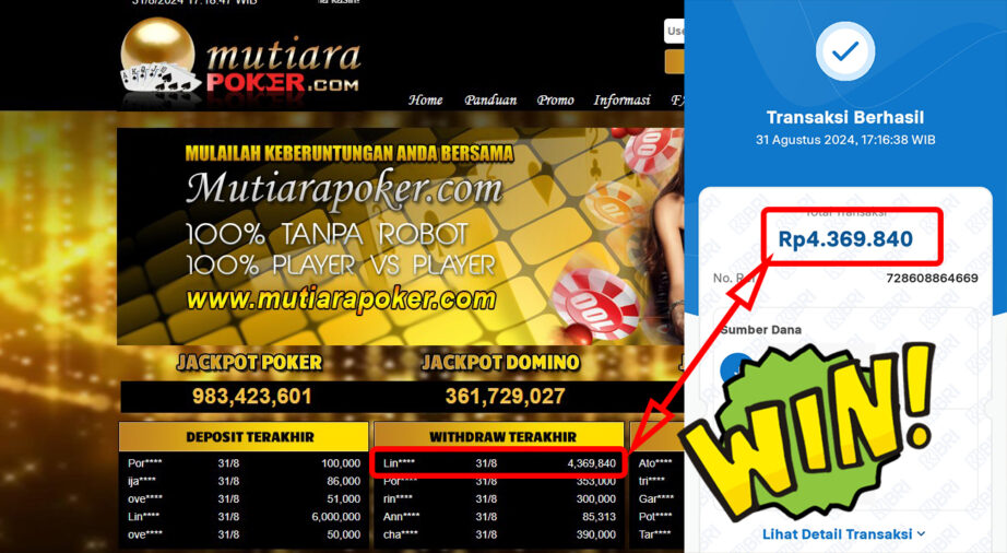 Bukti Withdraw ( 4,369,840,-) Member Setia Mutiarapoker