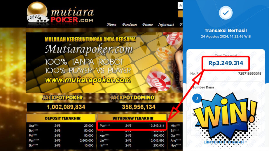 Bukti Withdraw (3,249,314,-) Member Setia Mutiarapoker