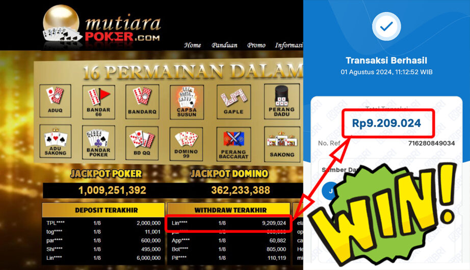 Bukti Withdraw ( 9.209.024,-) Member Setia Mutiarapoker