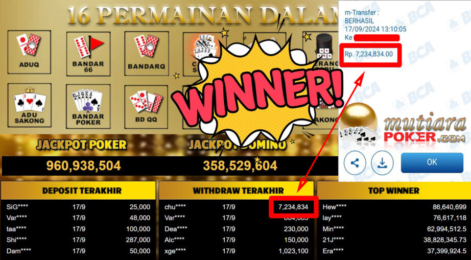 Bukti Withdraw ( 7.234.834,-) Member Setia Mutiarapoker