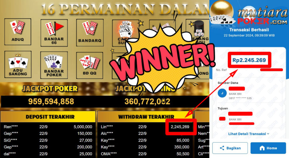 Bukti Withdraw ( 2.245.269,-) Member Setia Mutiarapoker