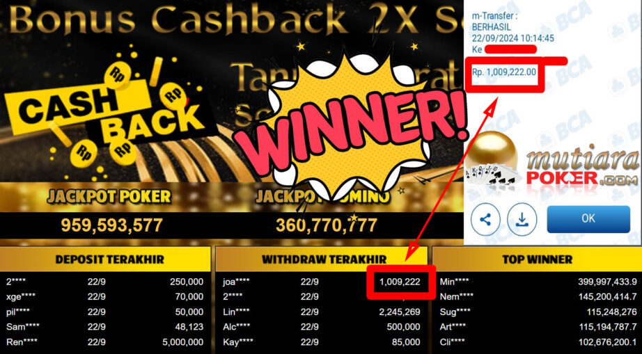 Bukti Withdraw ( 1.009.222,-) Member Setia Mutiarapoker