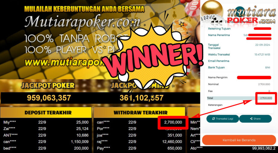 Bukti Withdraw ( 2.700.000,-) Member Setia Mutiarapoker