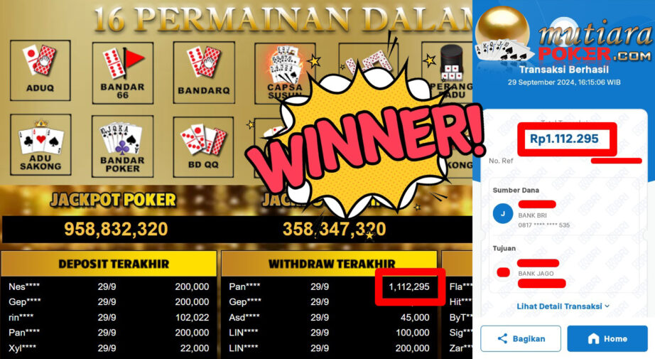 Bukti Withdraw ( 1.112.295,-) Member Setia Mutiarapoker