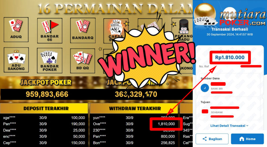 Bukti Withdraw ( 1.810.000,-) Member Setia Mutiarapoker