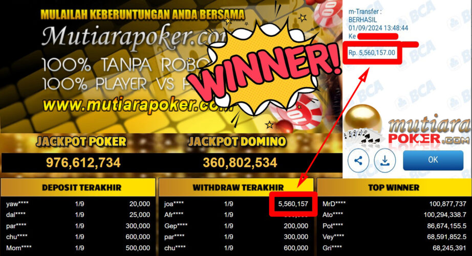 Bukti Withdraw ( 5.560.157,-) Member Setia Mutiarapoker