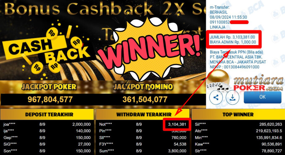 Bukti Withdraw ( 3.104.381,-) Member Setia Mutiarapoker