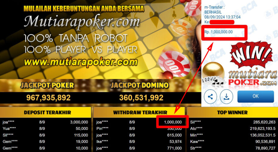 Bukti Withdraw ( 1.000.000,-) Member Setia Mutiarapoker