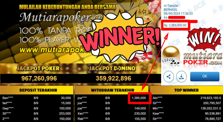 Bukti Withdraw ( 1.385.000,-) Member Setia Mutiarapoker