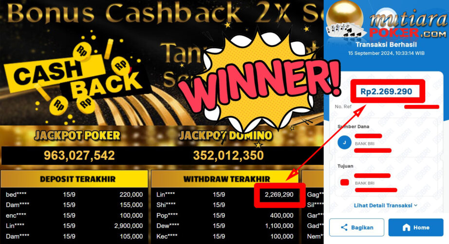 Bukti Withdraw ( 2.269.290,-) Member Setia Mutiarapoker