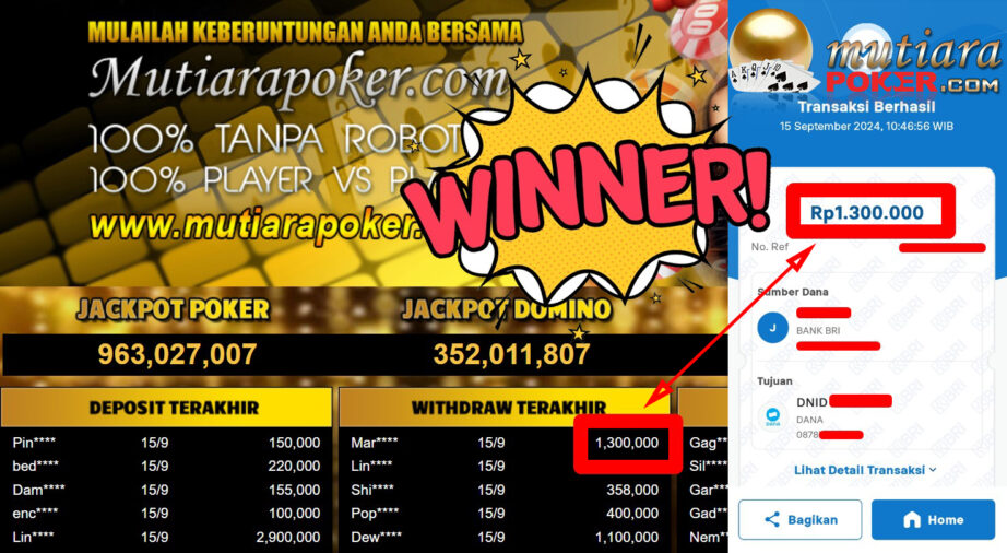 Bukti Withdraw ( 1.300.000,-) Member Setia Mutiarapoker