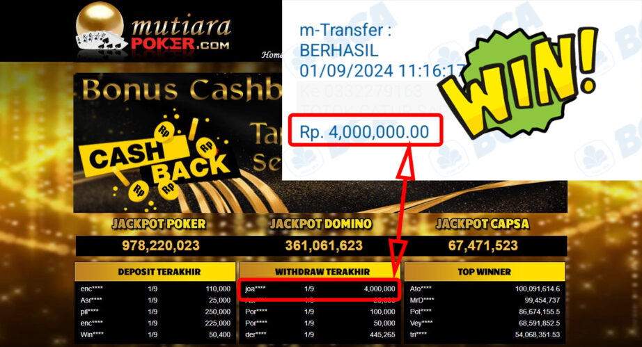 Bukti Withdraw ( 4,000,000,-) Member Setia Mutiarapoker