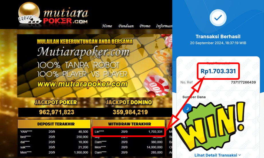 Bukti Withdraw ( 1,703,331,-) Member Setia Mutiarapoker