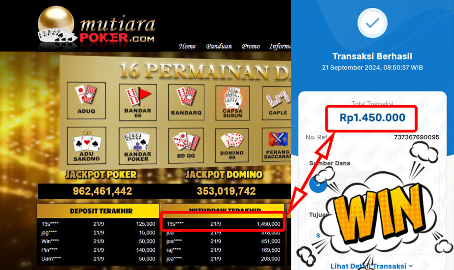 Bukti Withdraw ( 1,450,000,-) Member Setia Mutiarapoker