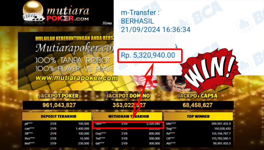 Bukti Withdraw ( 5,320,940,-) Member Setia Mutiarapoker