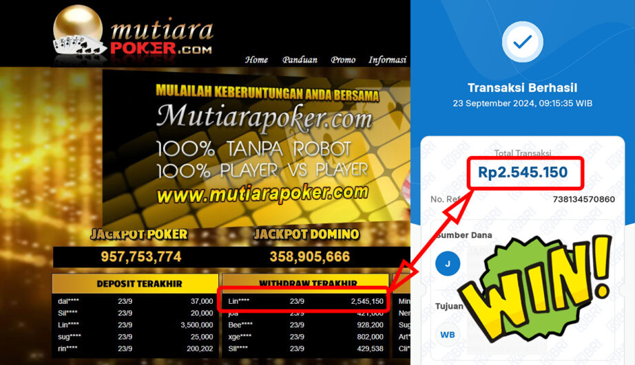 Bukti Withdraw ( 2,545,150,-) Member Setia Mutiarapoker