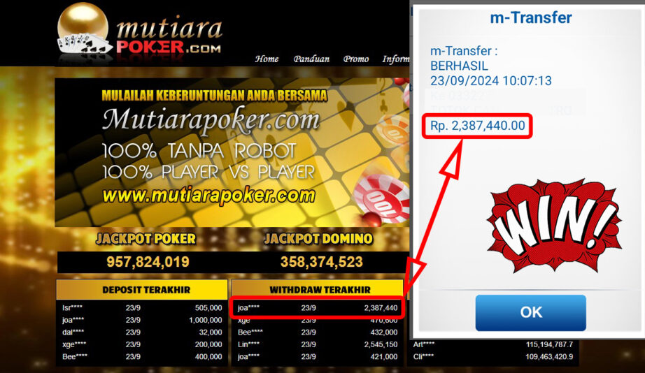 Bukti Withdraw ( 2,387,440,-) Member Setia Mutiarapoker