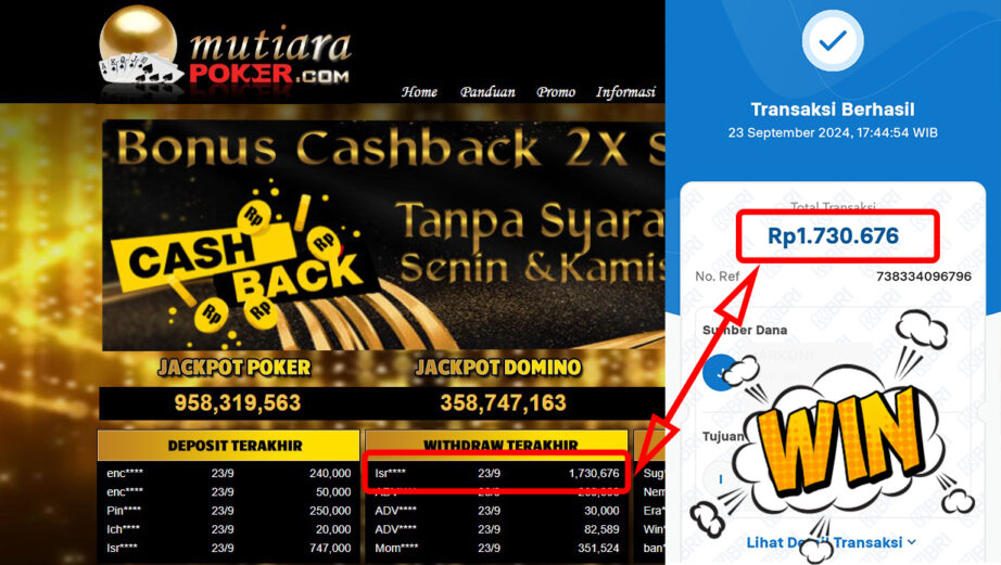 Bukti Withdraw ( 1,730,676,-) Member Setia Mutiarapoker