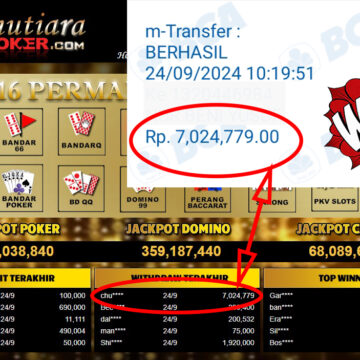 Bukti Withdraw ( 7,024,779,-) Member Setia Mutiarapoker