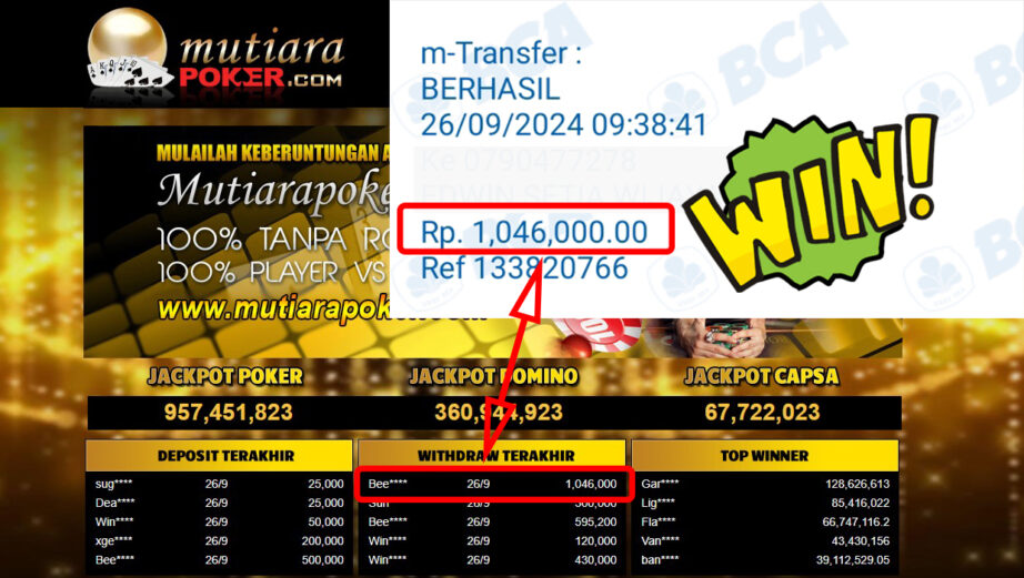 Bukti Withdraw ( 1,046,000,-) Member Setia Mutiarapoker