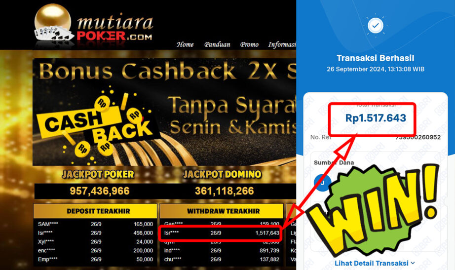 Bukti Withdraw ( 1,517,643,-) Member Setia Mutiarapoker