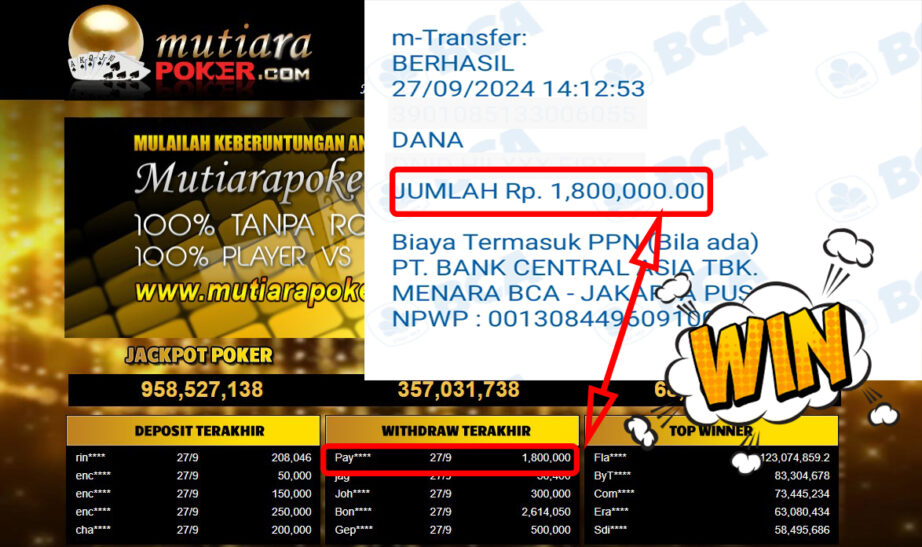 Bukti Withdraw ( 1,800,000,-) Member Setia Mutiarapoker