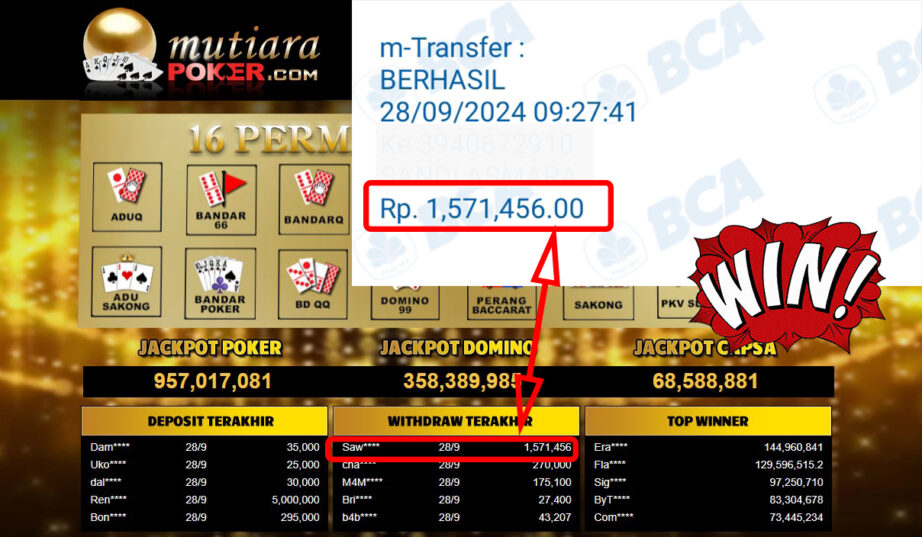 Bukti Withdraw ( 1,571,456,-) Member Setia Mutiarapoker