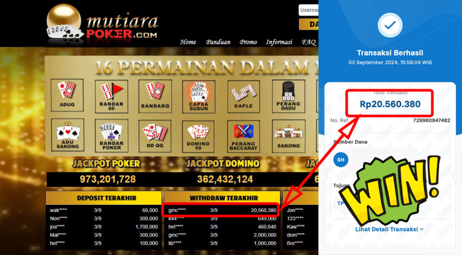 Bukti Withdraw ( 20,560,380,-) Member Setia Mutiarapoker