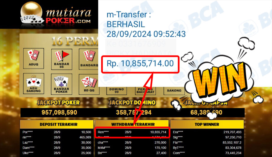 Bukti Withdraw ( 10,855,714,-) Member Setia Mutiarapoker