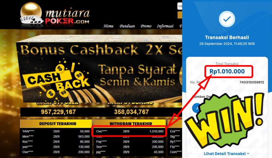 Bukti Withdraw ( 1,010,000,-) Member Setia Mutiarapoker