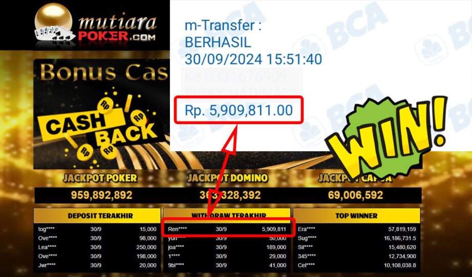 Bukti Withdraw ( 5,909,811,-) Member Setia Mutiarapoker