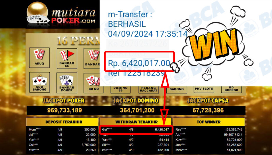 Bukti Withdraw ( 6,420,017,-) Member Setia Mutiarapoker