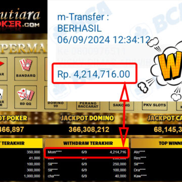 Bukti Withdraw ( 4,214,716,-) Member Setia Mutiarapoker