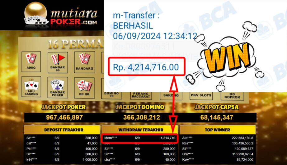 Bukti Withdraw ( 4,214,716,-) Member Setia Mutiarapoker