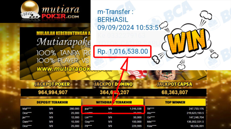 Bukti Withdraw ( 1,016,538,-) Member Setia Mutiarapoker