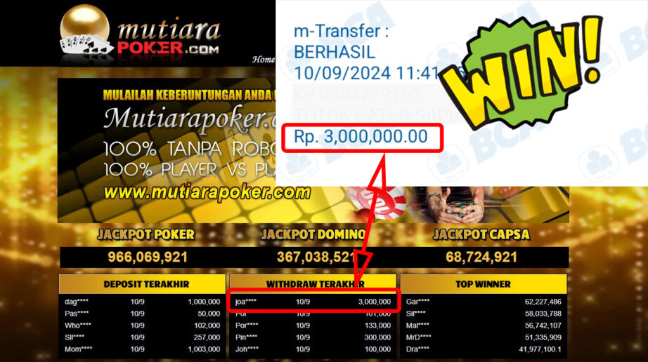 Bukti Withdraw ( 3,000,000,-) Member Setia Mutiarapoker