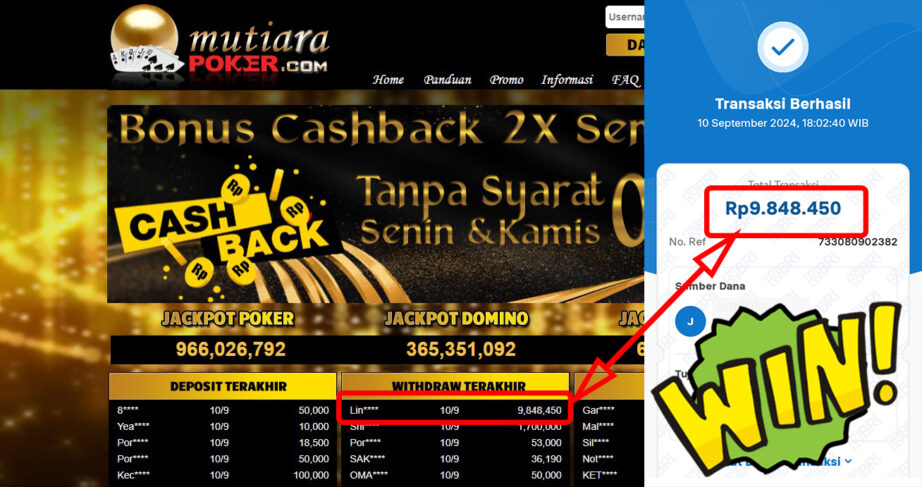 Bukti Withdraw ( 9,848,450,-) Member Setia Mutiarapoker