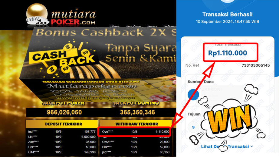 Bukti Withdraw ( 1,110,000,-) Member Setia Mutiarapoker