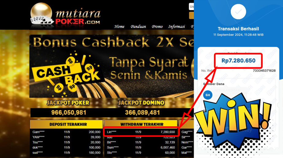 Bukti Withdraw ( 7,280,650,-) Member Setia Mutiarapoker