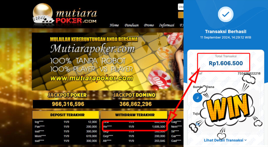 Bukti Withdraw ( 1,606,500,-) Member Setia Mutiarapoker