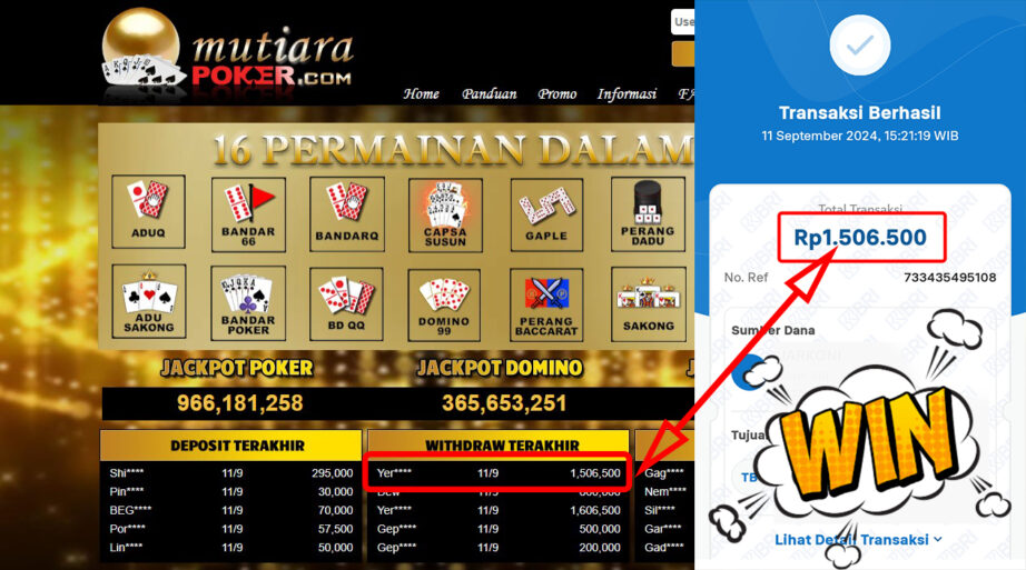 Bukti Withdraw ( 1,506,500,-) Member Setia Mutiarapoker