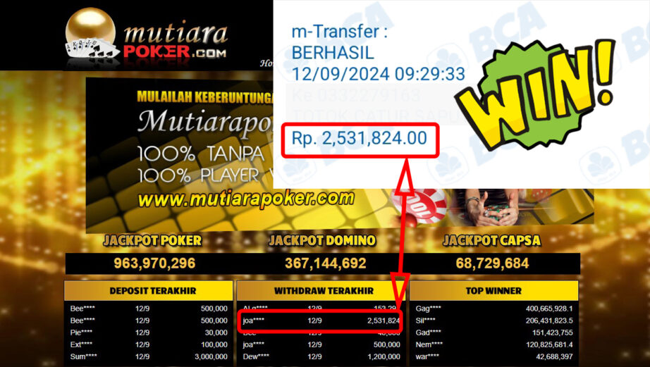 Bukti Withdraw ( 2,531,824,-) Member Setia Mutiarapoker