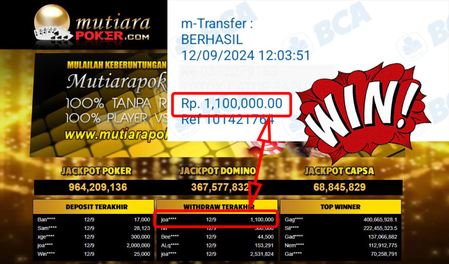 Bukti Withdraw ( 1,100,000,-) Member Setia Mutiarapoker