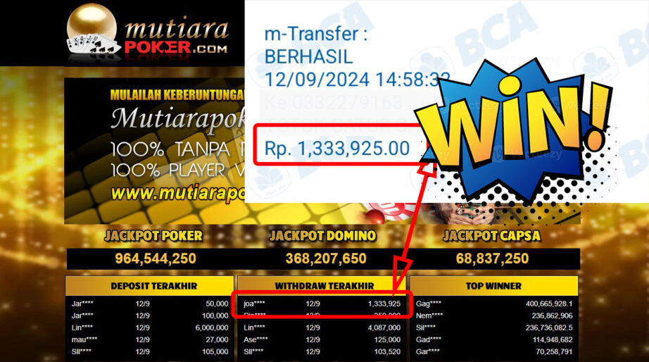 Bukti Withdraw ( 1,333,925,-) Member Setia Mutiarapoker