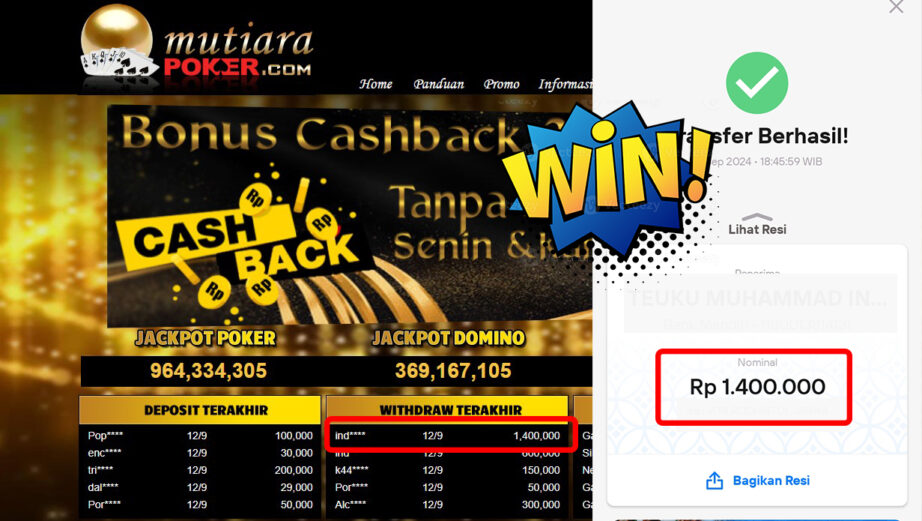 Bukti Withdraw ( 1,400,000,-) Member Setia Mutiarapoker