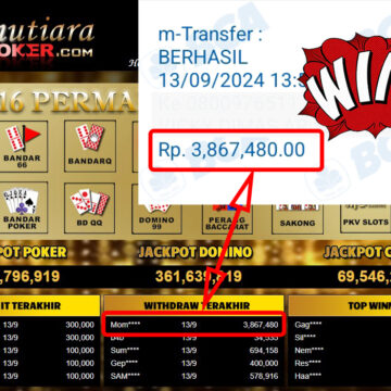 Bukti Withdraw ( 3,867,480,-) Member Setia Mutiarapoker