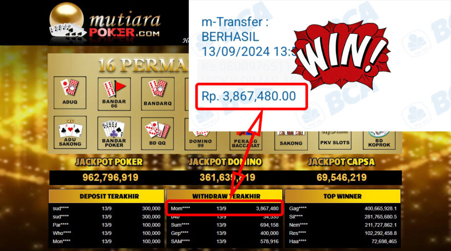 Bukti Withdraw ( 3,867,480,-) Member Setia Mutiarapoker