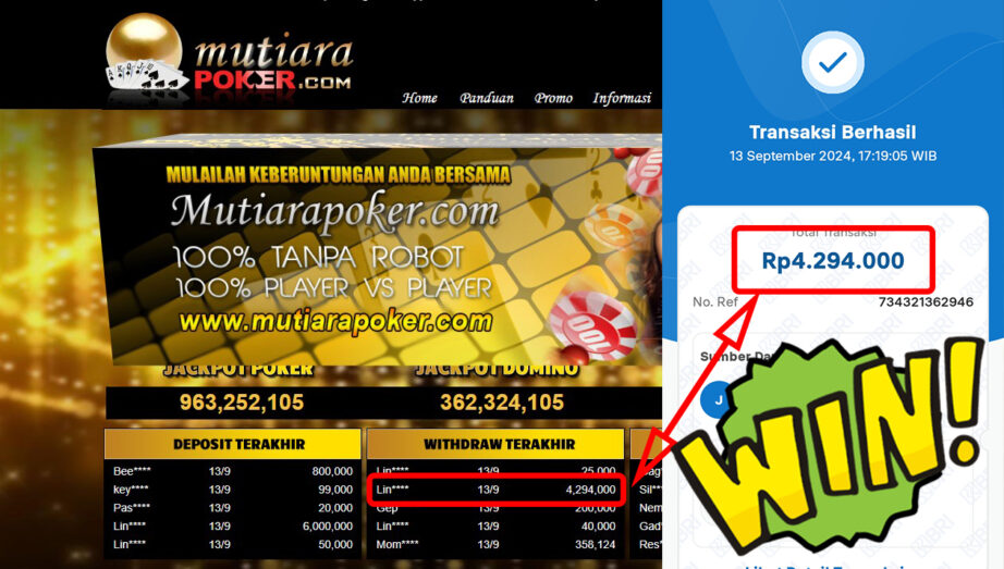 Bukti Withdraw ( 4,294,000,-) Member Setia Mutiarapoker